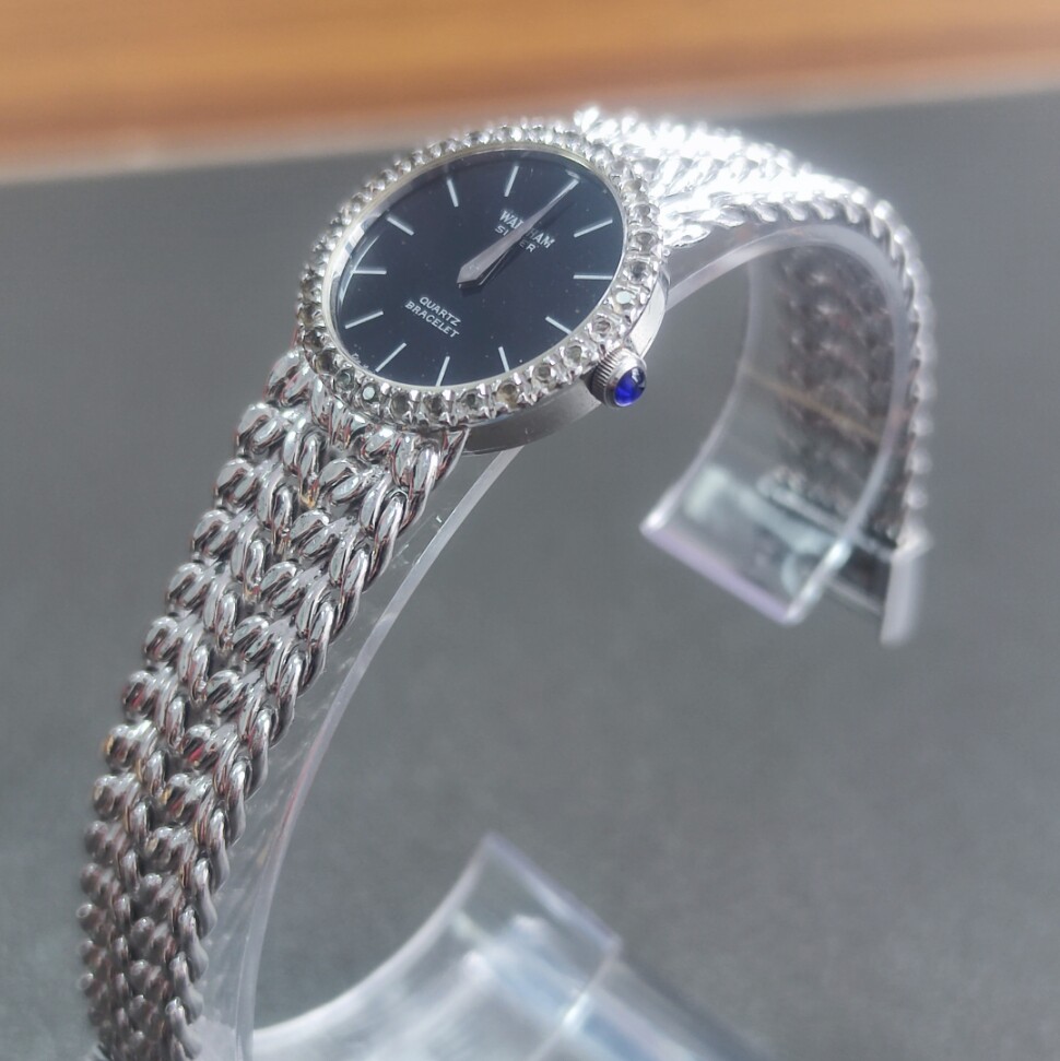 瑞士 waltham华生925纯银黑盘麦穗女款手表贵族气质