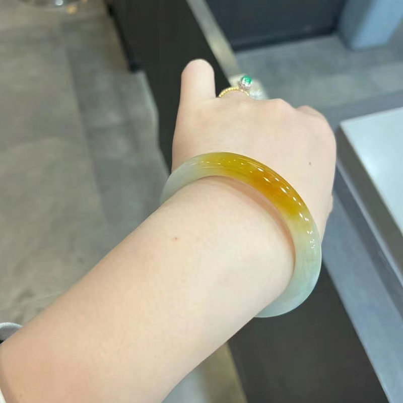 正品缅甸翡翠冰种黄翡圆条美人条半山半水落日余晖翡翠手镯少女款