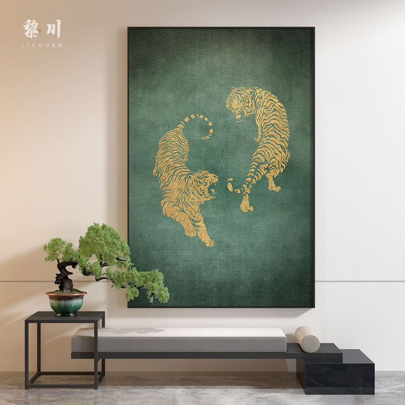 新中式绿色走廊过道动物老虎酒店民宿客厅装饰画玄关壁画竖版挂画图片