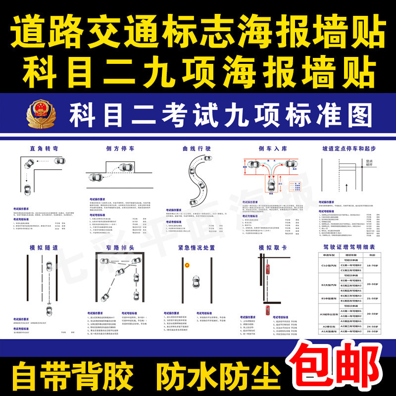 驾校科目二九项考试交通指示标志标线考试路标宣传海报挂图墙贴画