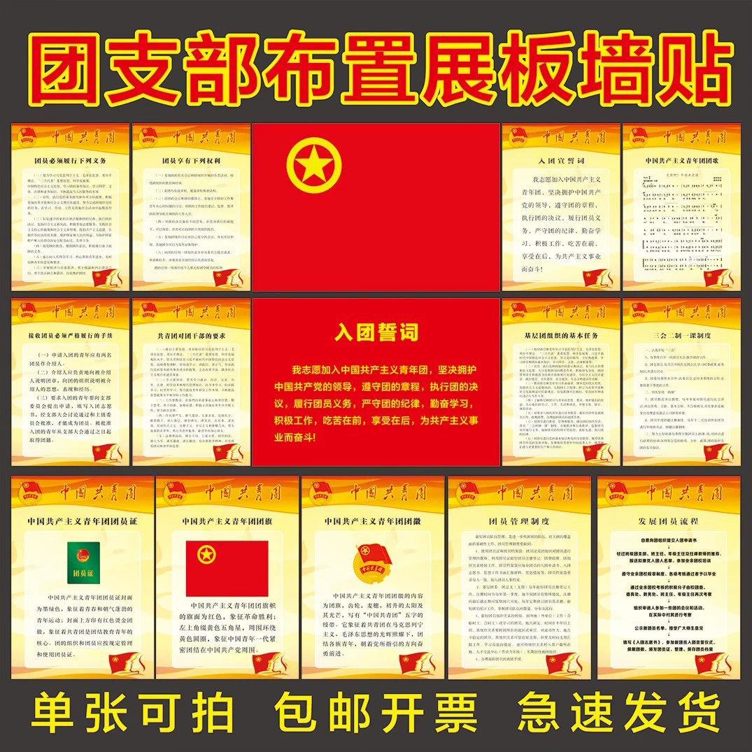 团委宣传墙贴画 团支部海报 共青团展板团员权利义务挂画入团制度