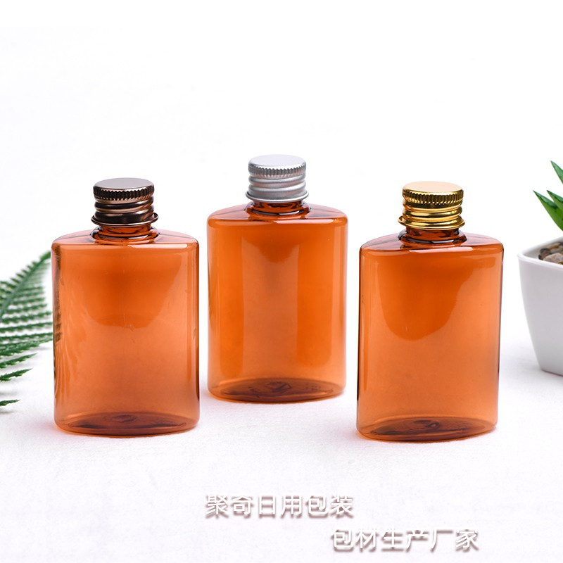 60ML棕色直角扁瓶配金银古铜铝盖PET化妆品乳液分装瓶塑料瓶包材