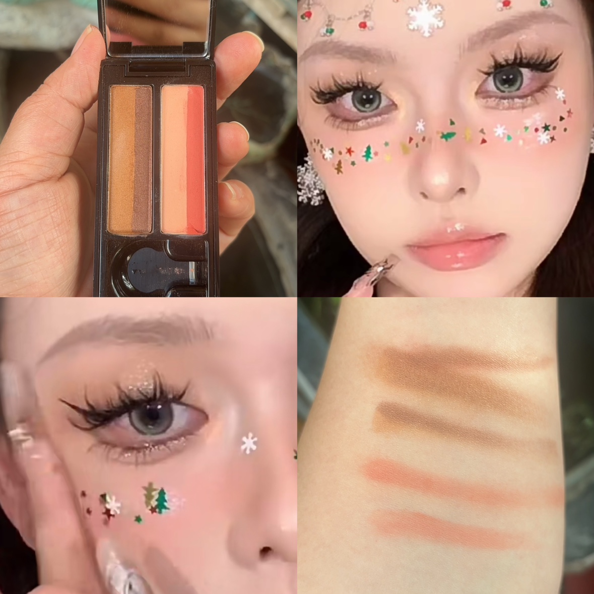 圣诞节粉橘棕色富贵千金四色眼影少女心蝴蝶结雪花妆容可做腮红