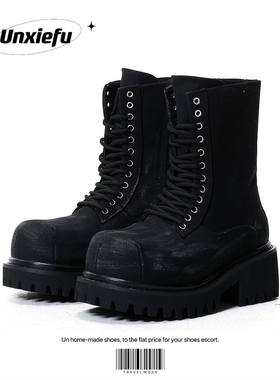 UNZIZHI 男士大头牛仔马丁靴12孔stomper侧拉链短靴厚底黑色靴子