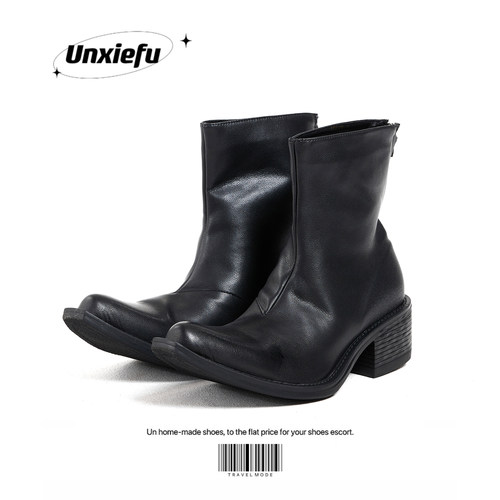 巫师靴翘头尖头方头皮靴粗跟