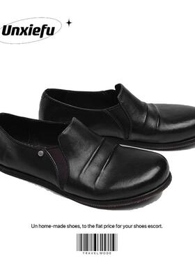 UNZIZHI 高级黑色穆勒鞋乐福鞋男女极简手工牛皮cleanfit真皮洗水
