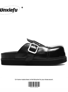 UNZIZHI 大头高级黑色勃肯拖鞋增高手工马皮水洗birken1774厚底皮