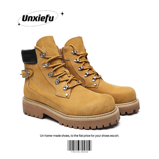 大黄靴潮 登山鞋 2024新款 意大利头层牛皮马丁靴男厚底增高高帮工装