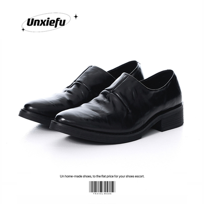 头层牛皮尖头套脚翘头暗黑皮鞋