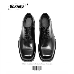 UNZIZHI 优雅方头系带牛皮德比高质感增高日常通勤男正装百搭皮鞋