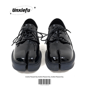 tabi分趾鞋厚底乐福鞋女真皮系带德比鞋猪蹄黑色小皮鞋马蹄男单鞋