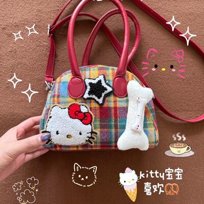 Kitty凯蒂猫复古红格子y2k可爱手提包生日礼物圣诞节通勤斜挎包包
