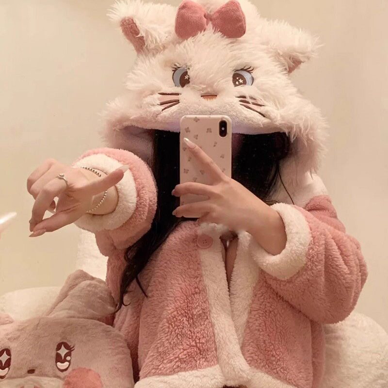 玛丽猫睡衣珊瑚绒睡袍睡裤女冬季