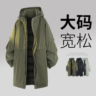 加大码户外风连帽中长款棉服男女同款军绿色加厚保暖大码宽松外套