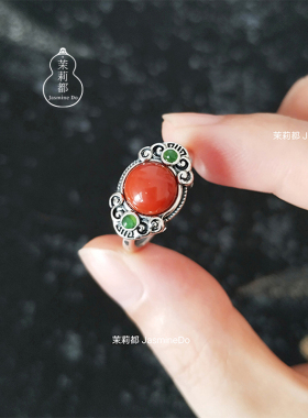 茉莉都 吉祥如意南红玛瑙碧玉点缀 通体s925银 复古国风活口戒指