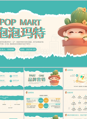 泡泡玛特品牌介绍营销行业SEOT分析培训PPT模板卡通可爱撕纸3D