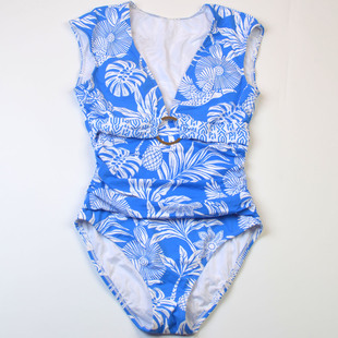 V领大码 设计师品牌BLEU新款 时尚 印花短袖 连体泳衣女显瘦度假泳装