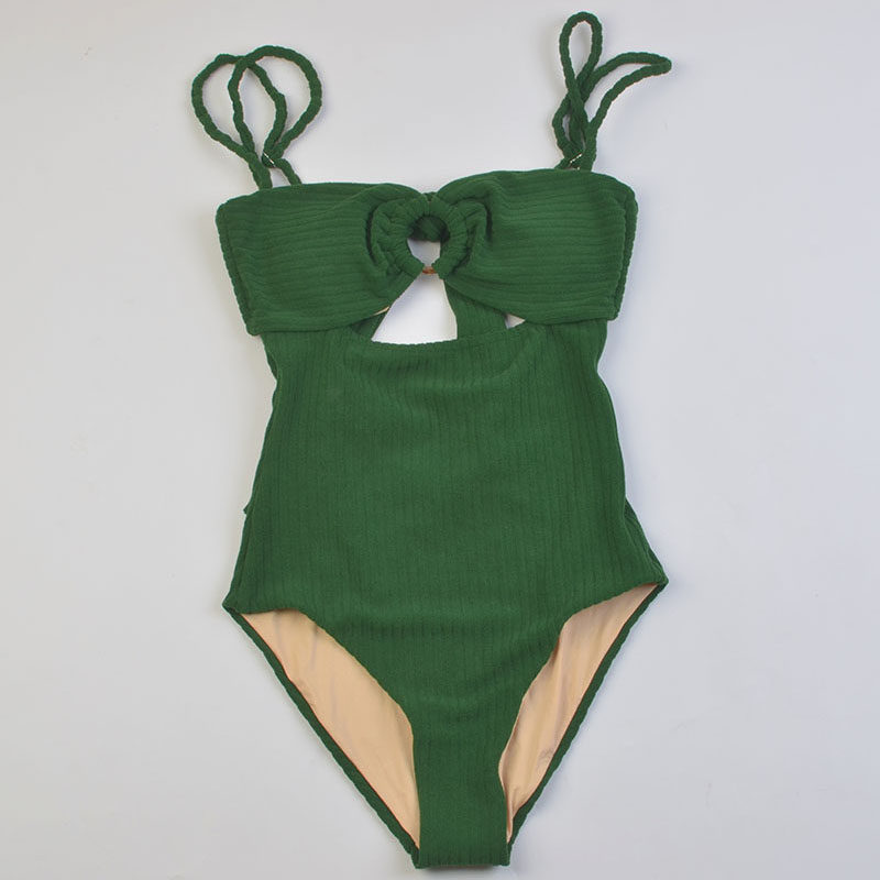 2025年高级感新款墨绿色连体泳衣女款欧美温泉海边度假泳装带胸垫
