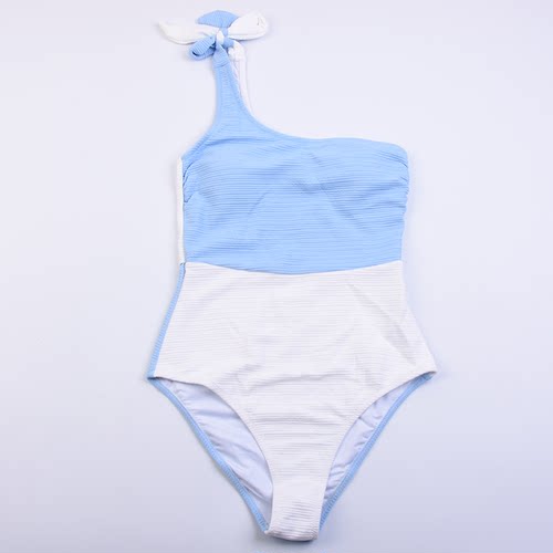 外贸撞色女单肩连体泳衣