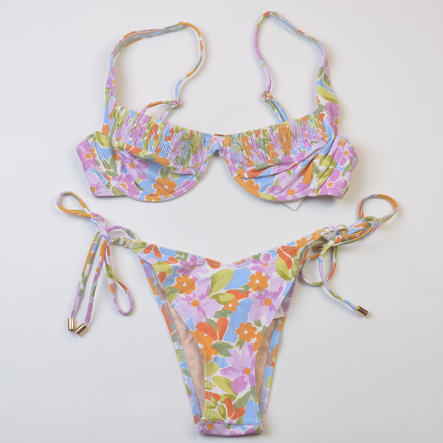 澳洲品牌TWI**海边度假碎花抽褶系带比基尼bikini性感分体泳衣女