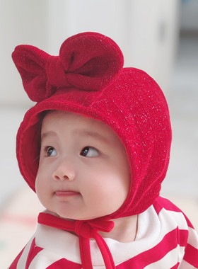 婴儿帽子春可爱女宝宝护耳红色圣诞礼帽公主蝴蝶结超萌洋气新年帽