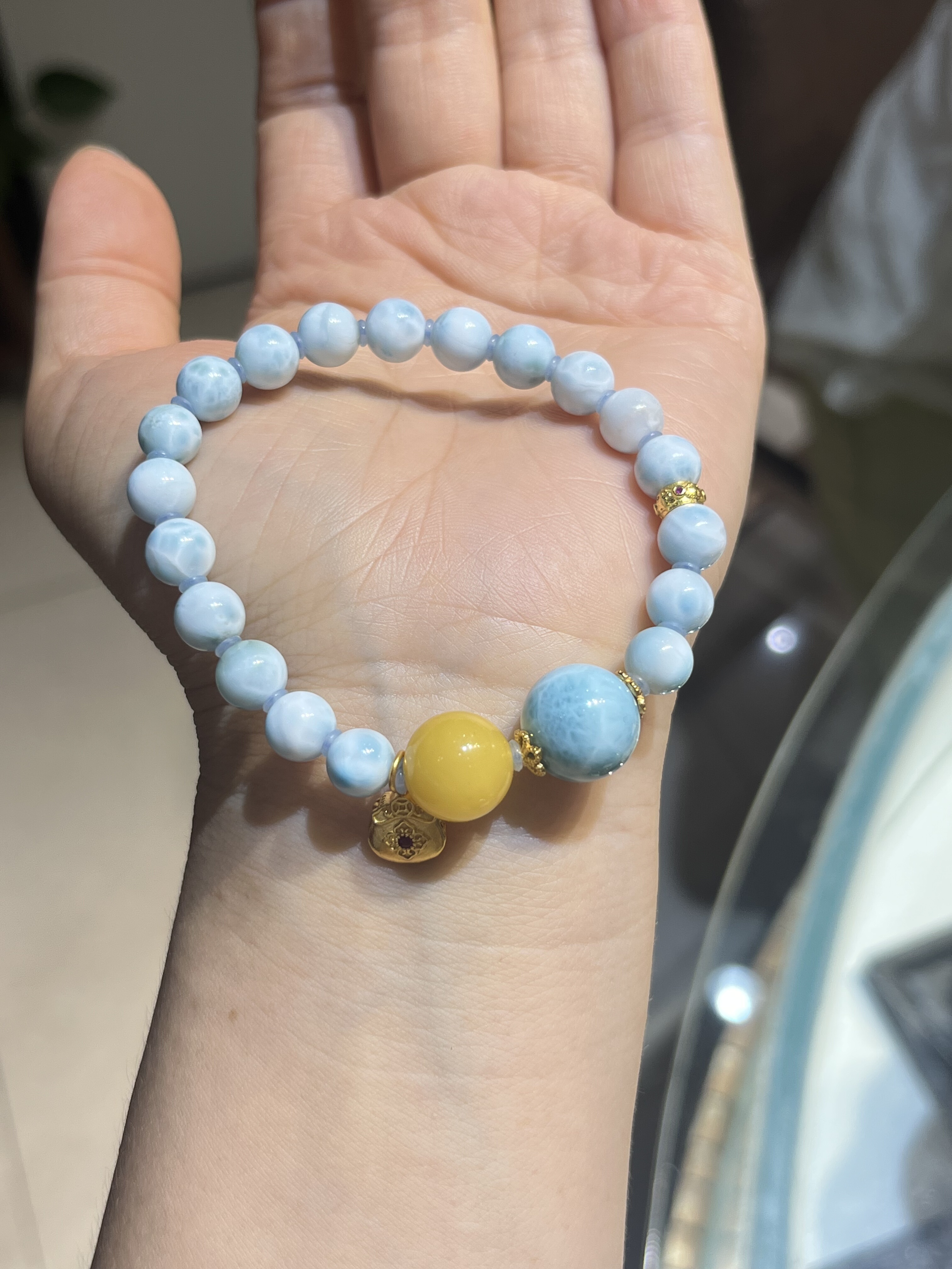 天然海纹石单圈手串搭配珍珠蜜蜡紫锂辉925银冷淡风小众设计手串