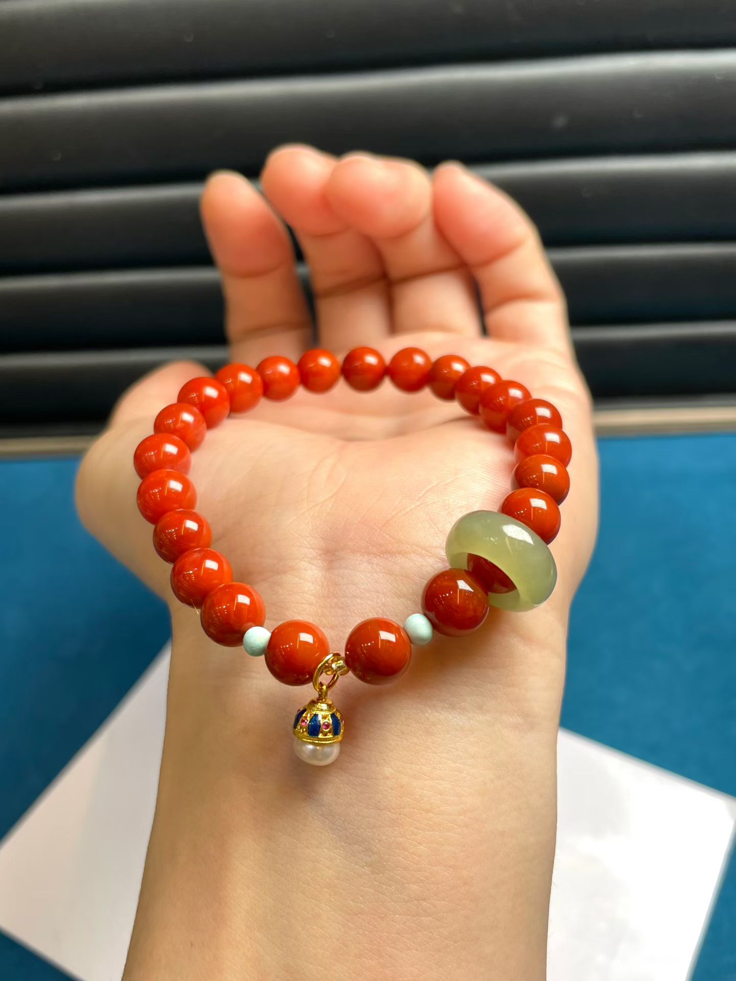 天然南红单圈手串柿子红南红手串搭配珍珠和田玉跑环单圈手串新年