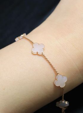 和田玉白玉四叶草手链18K金镶嵌白玉幸运草手链可调节款送礼物