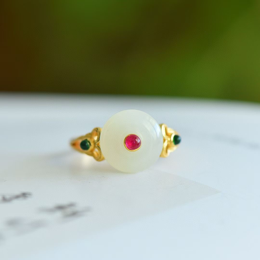 和田玉白玉平安扣戒指925银镶白玉平安扣戒指中式国风礼物证书