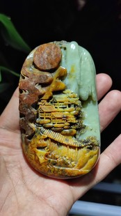 精品收藏黄白老玉山水意境手把件小摆件天然玉石东北籽料