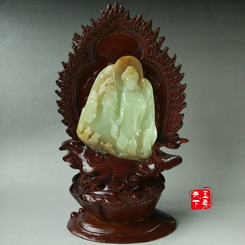 岫岩黄白老玉观音摆件供奉收藏保平安天然玉石黄白老玉观世音摆件