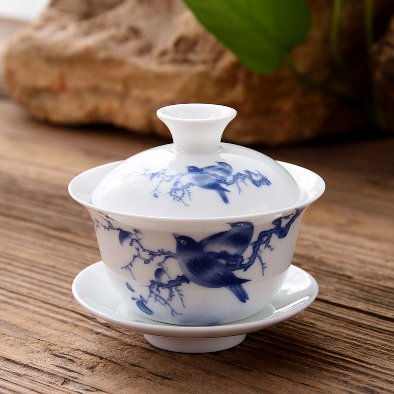 青花陶瓷三才品茗杯泡茶容量盖碗