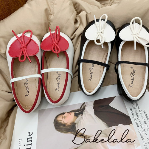 女童爱心蝴蝶结春秋撞色软底单鞋