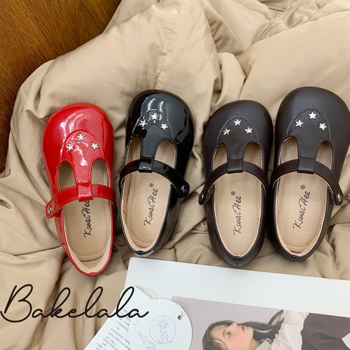 女童复古丁字型铆钉漆皮公主鞋