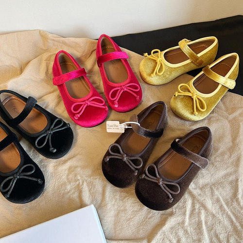 春秋丝绒女童蝴蝶结公主小皮鞋