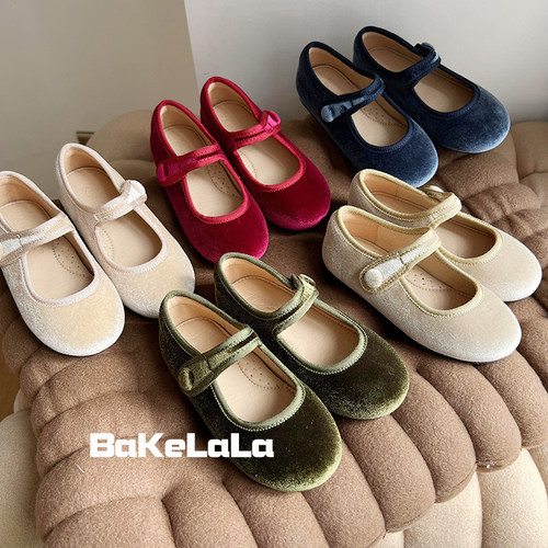 韩国童鞋2023春秋甜美女童软底洋气公主鞋复古丝绒小女孩浅口单鞋