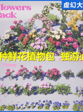 UE5虚幻4 Flowers Pack 鲜花园花卉植物场景素材玫瑰牡丹月季银莲