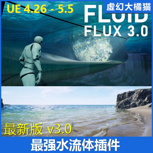 UE4虚幻5 Fluid Flux V3 写实水面水流体大海水湖泊河流小溪蓝图