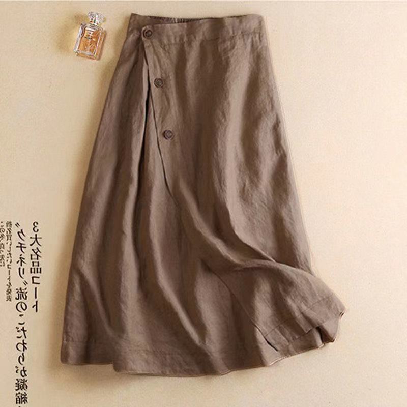 亚麻半身裙女秋季复古宽松显瘦色休闲裙百搭棉麻A字中长裙