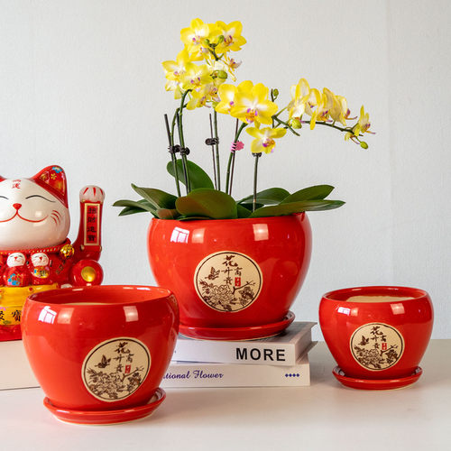 中国红陶瓷花盆带分体托盘