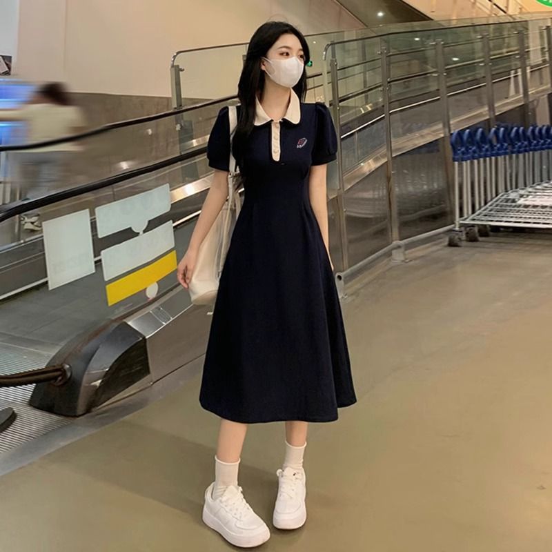 polo领连衣裙少女夏装2026新款初中高中学生学院风运动收腰长裙子