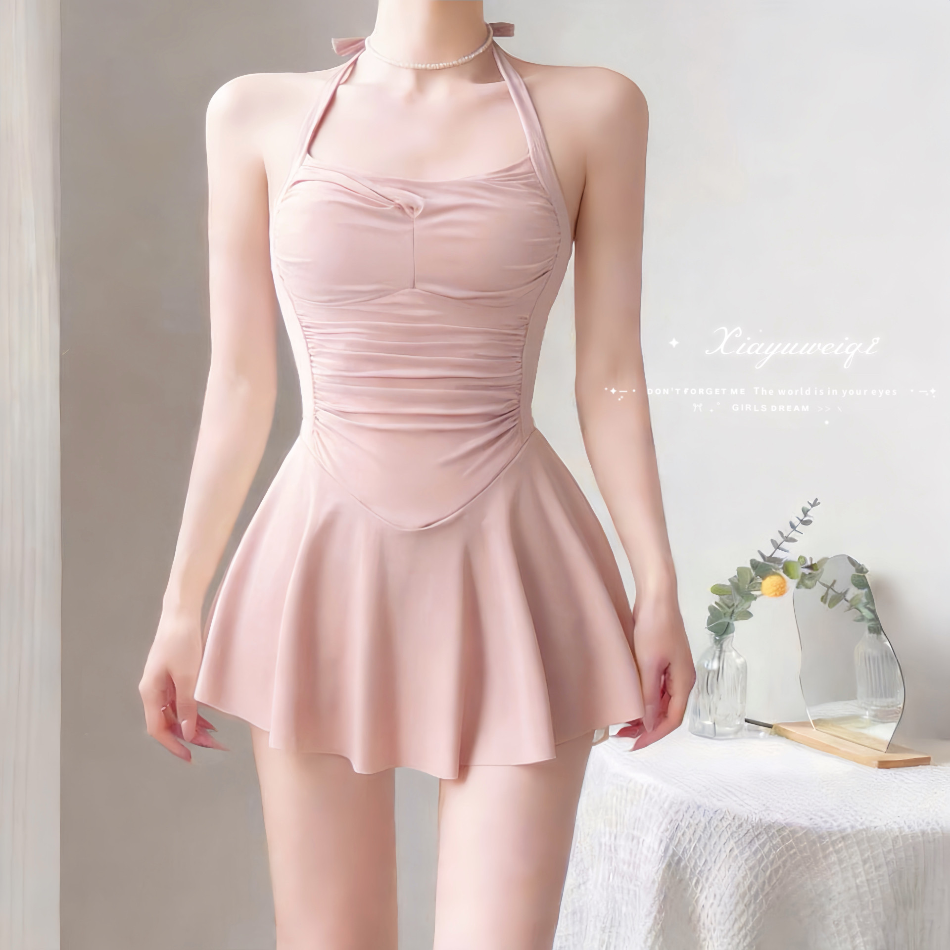 夏语微琪【微风起】ins风露背挂脖裙式遮肚显瘦保守连体泳衣温泉