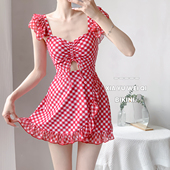 红格子显白显瘦遮肚保守裙式 飞袖 连体泳衣女温泉 夏境 夏语微琪