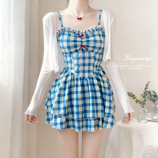 防晒蓝色格子裙式 长袖 遮肚显瘦连体泳衣女温泉 爱丽丝 夏语微琪