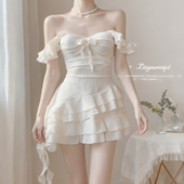 遮肚显瘦保守小胸连体游泳衣女温泉 仙气白裙式 夏语微琪 白茶