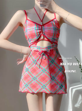 夏语微琪【Gyaru】网红风连体显瘦保守裙式遮肚游泳衣女温泉度假