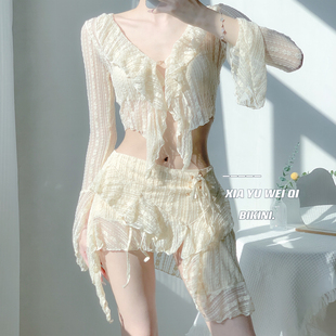 夏语微琪【烟圈】气质米色蕾丝长袖比基尼四件套度假分体泳衣女