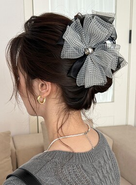波点豹纹网纱蝴蝶结抓夹气质后脑勺盘发鲨鱼夹2026新款高级感头饰