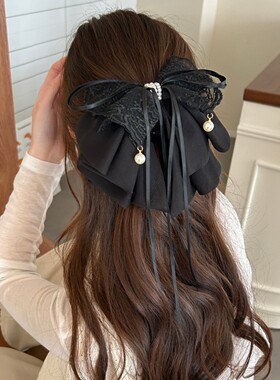 春季温柔蕾丝蝴蝶结珍珠马尾抓夹女高级感法式夹子头饰后脑勺发夹
