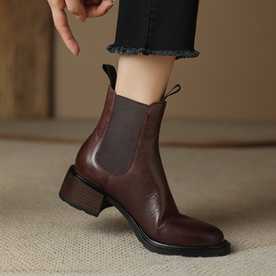 鞋 复古英伦风短靴女中跟粗跟圆头春秋单靴冬季 真皮松紧口切尔西靴